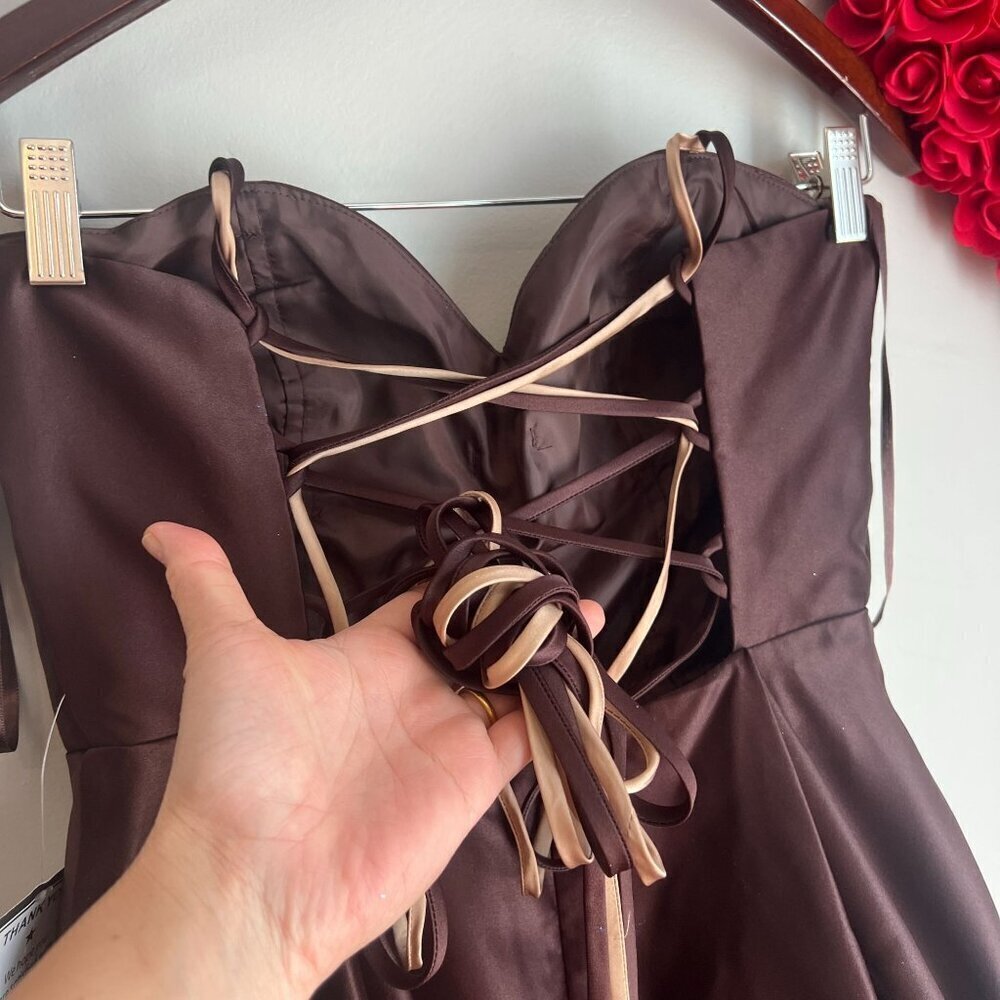 Blondie Nites Lamour Lace-Up Mini Satin Skater Dress Sz 7 in Brown Chocolate - Picture 6 of 13